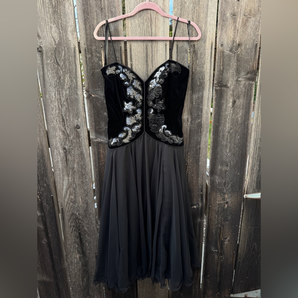 Vintage Black Sequin and Velvet Embellished Midi Dress